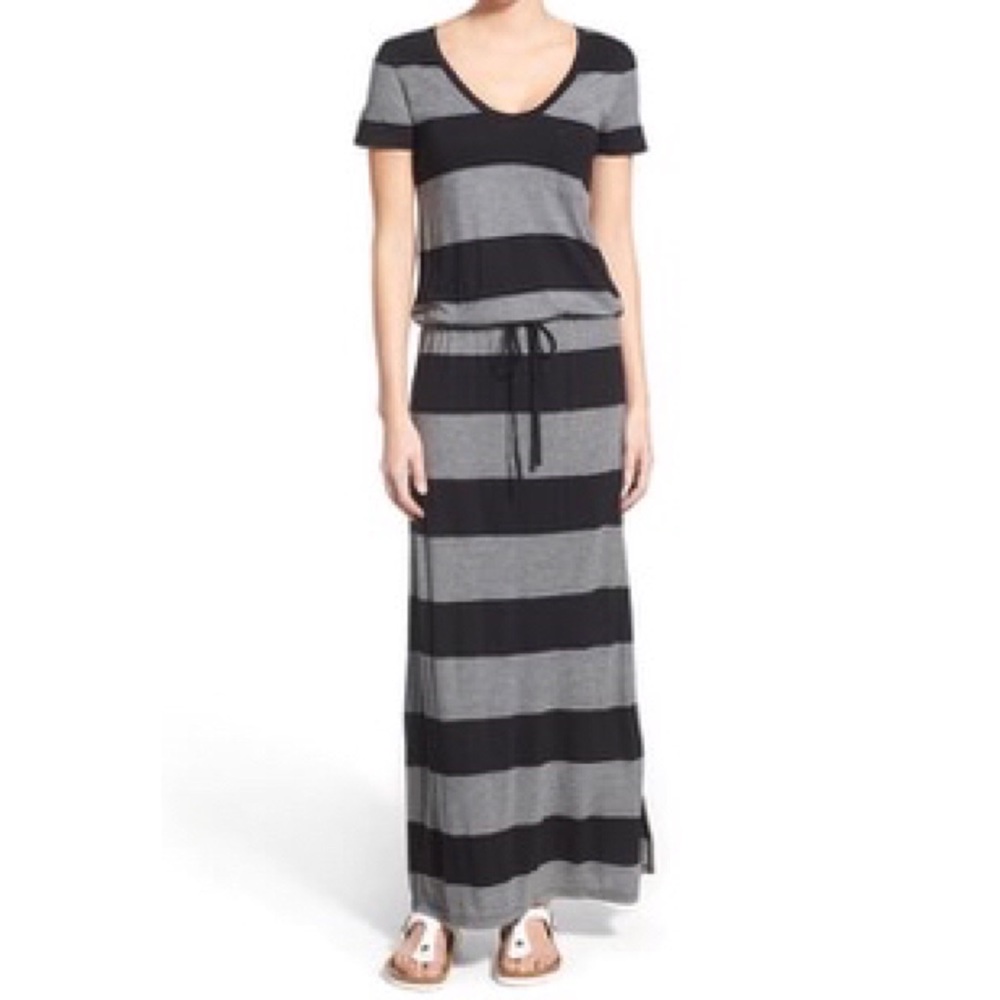 Caslon Striped Maxi Dress Black and Gray Drawstring Waist Medium Nordstrom